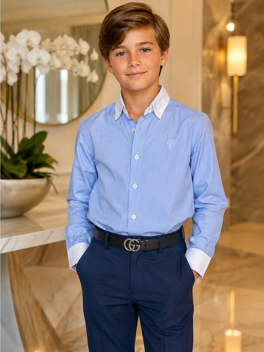 Gucci Kids Blue White Contrast Collar Cotton Shirt Size 10 Made in Italy